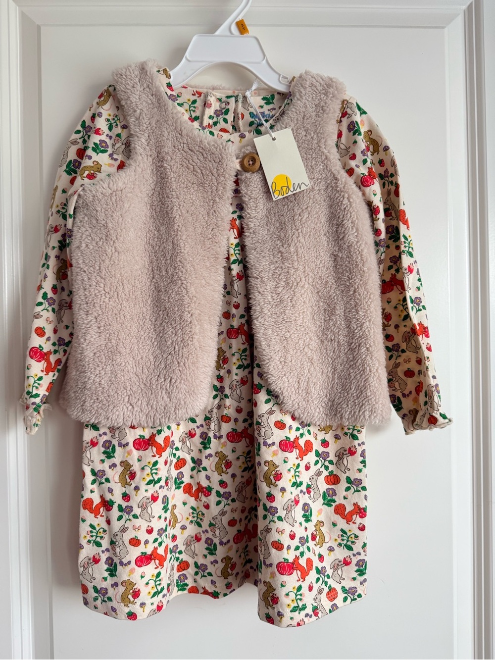 Mini Boden Girls Ivory Pumpkin Fall Dress and Gillet Vest Set 3-4Y NWT